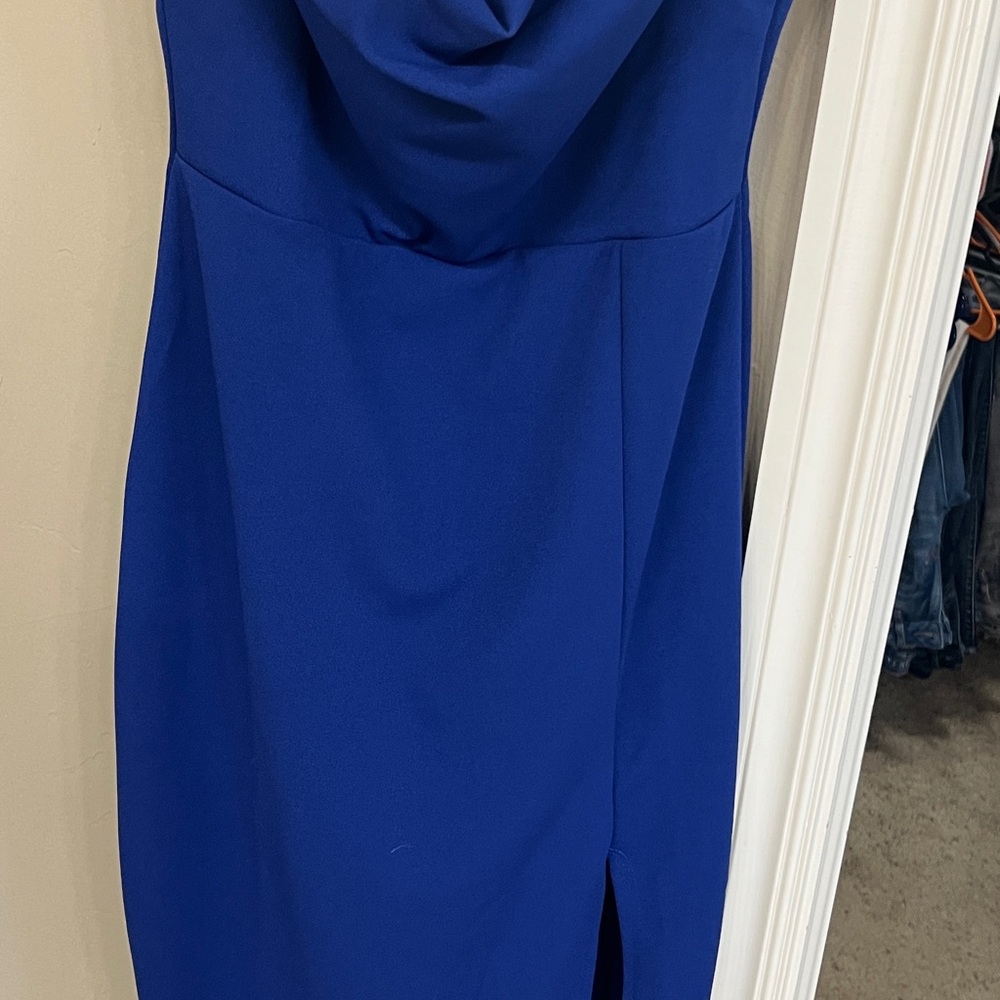Windsor Blue Sheath Dress with Cowl Neck and Slit